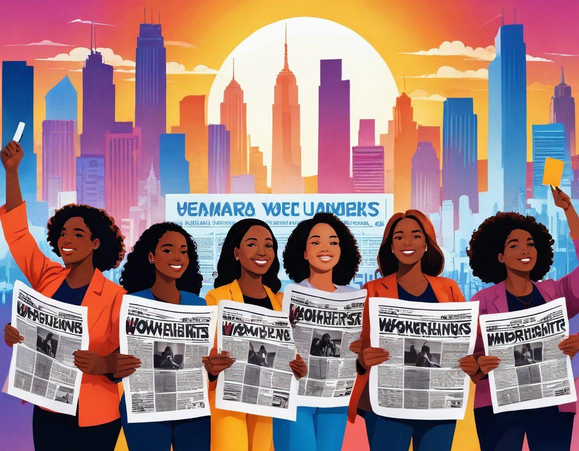 An empowering scene of diverse women standing together, showcasing strength and unity. The background features a vibrant city skyline with symbols of progress, such as banners and signs promoting women's rights. Each woman holds a newspaper with headlines of inspiring achievements and news. The color palette is bold and energetic, with a radiant sunrise symbolizing hope and change. super-realistic. vibrant colors. white background.