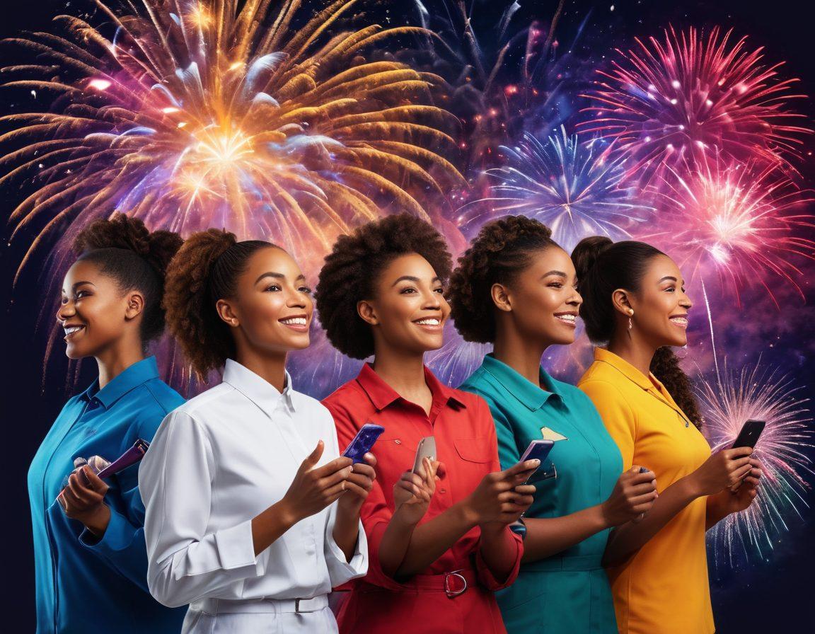 A diverse group of women standing together, showcasing different professions like science, art, sports, and technology, against a backdrop of colorful fireworks representing celebration. Their expressions reflect empowerment and joy, with uplifting quotes floating around them. Bright, bold colors to symbolize strength and unity. super-realistic. vibrant colors. white background.