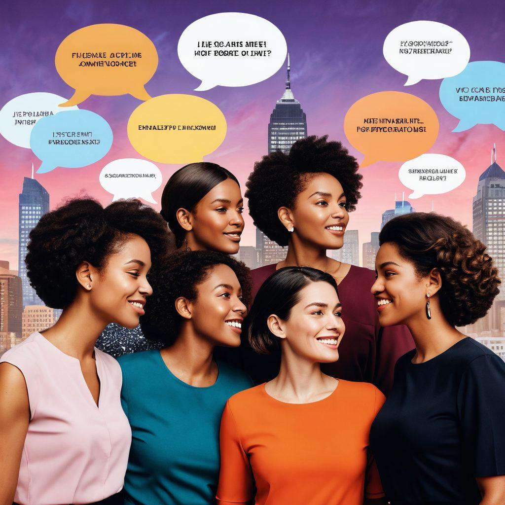 A powerful representation of diverse women of various ethnicities passionately discussing current affairs, surrounded by floating speech bubbles filled with impactful keywords and quotes. The backdrop features a city skyline symbolizing progress and change. Warm, inspiring colors to evoke a sense of empowerment and unity. super-realistic. vibrant colors. 3D.